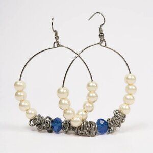 White Faux pearl Blue faceted Glass Bead Silver Tone Finish Hoop Earring